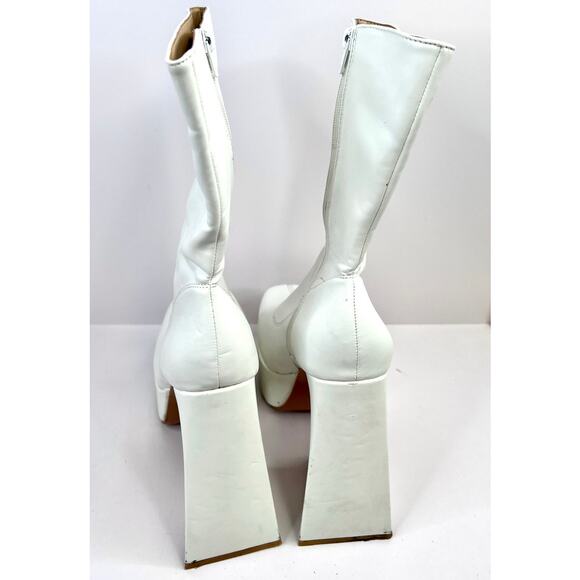 Pretty Little Thing White Platform Boots Size 7 Chunky Heels Square Toe Zip - Picture 10 of 15